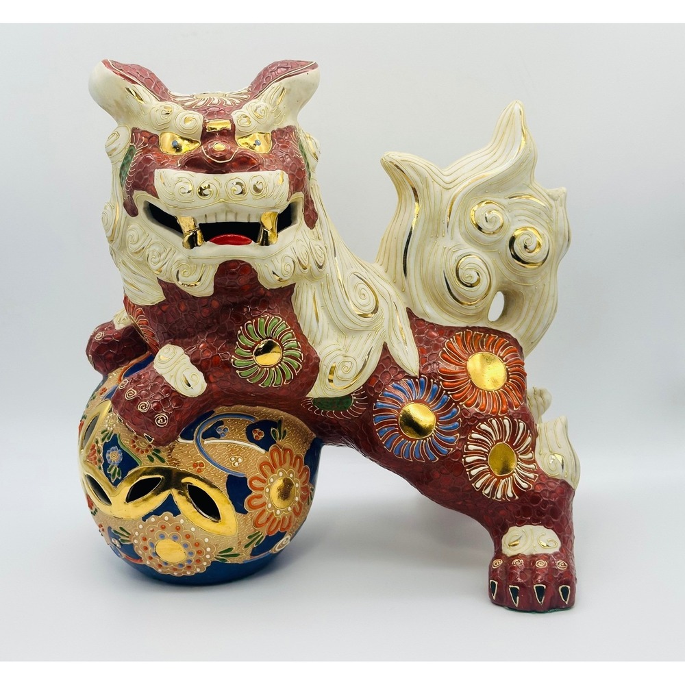 Vintage Kutani Japanese Porcelain Komainu Lion Dog Moriage Statue 11" Red Gold